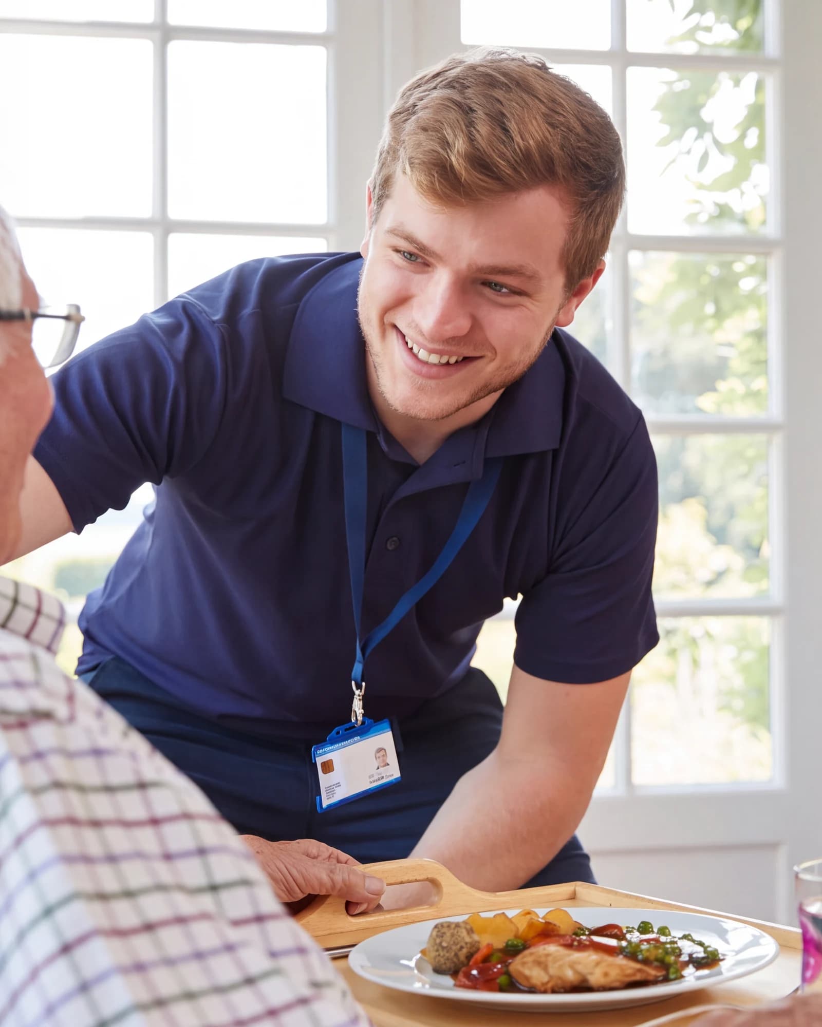 A home health caregiver talking with an older adult over a meal at home